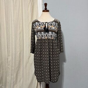 Mlle Gabrielle Women Bohemian Hippie‎ Elephant Print Long Sleeve Flared Dress M